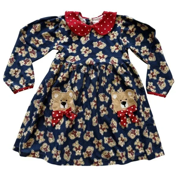 Buster Brown Girls 6X Teddy Bear Dress With Pockets Navy & Red Polka Dot Collar - Picture 1 of 6